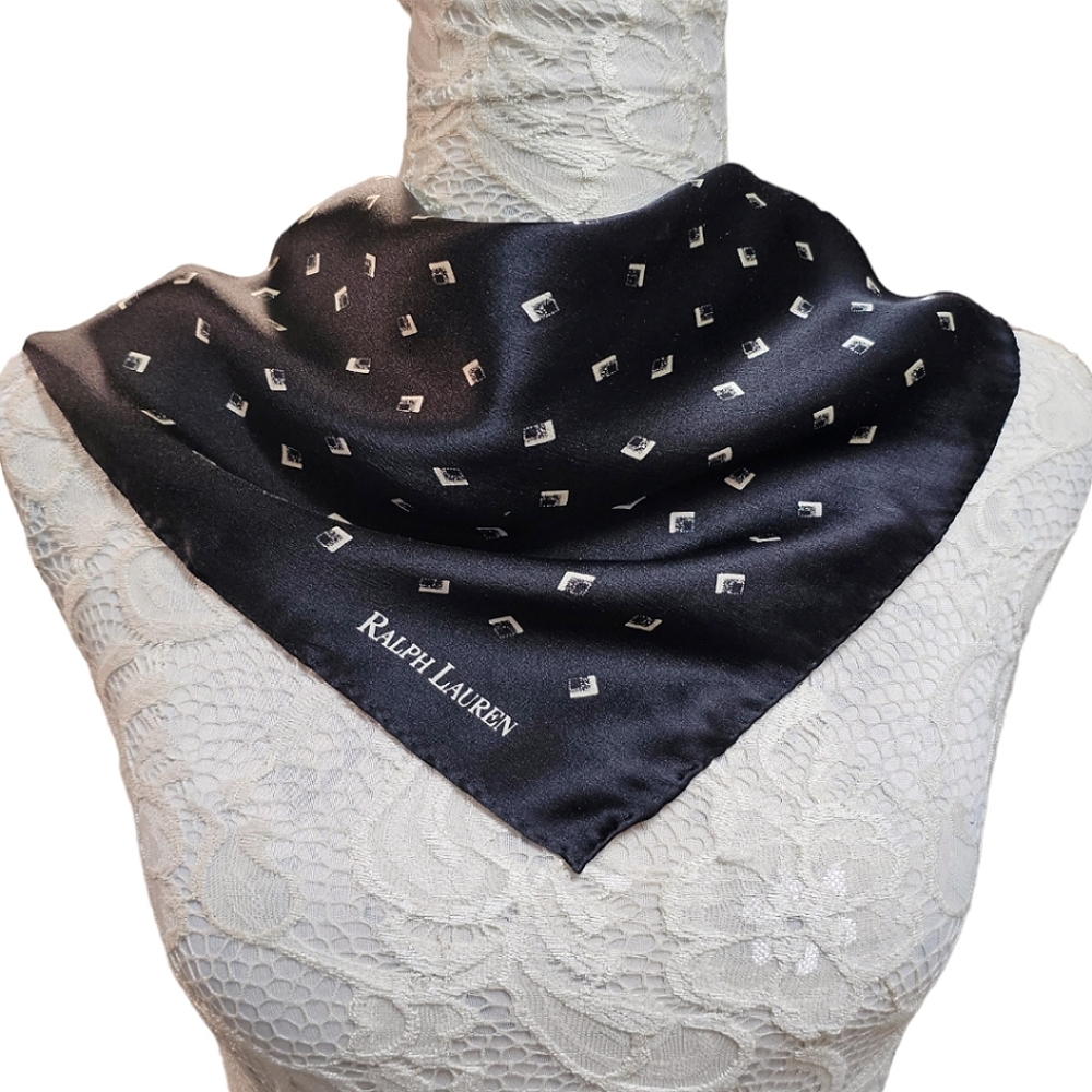 Ralph Lauren 100% Silk Black Scarf 21x21 Designer Classic
